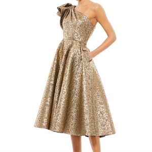 Mac Duggal Asymmetric Metallic Tea-Length Dress